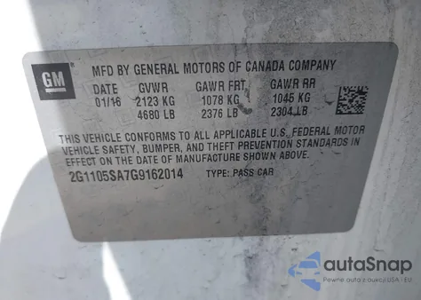 2016 Chevrolet Impala 1Lt из США, поврежденный, VIN 2G1105SA7G9162014